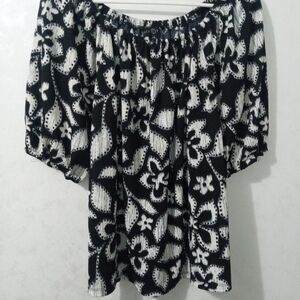 Fred David Women’s Black & White Floral Boho Blouse Off-Shoulder Puff Sleeve Top